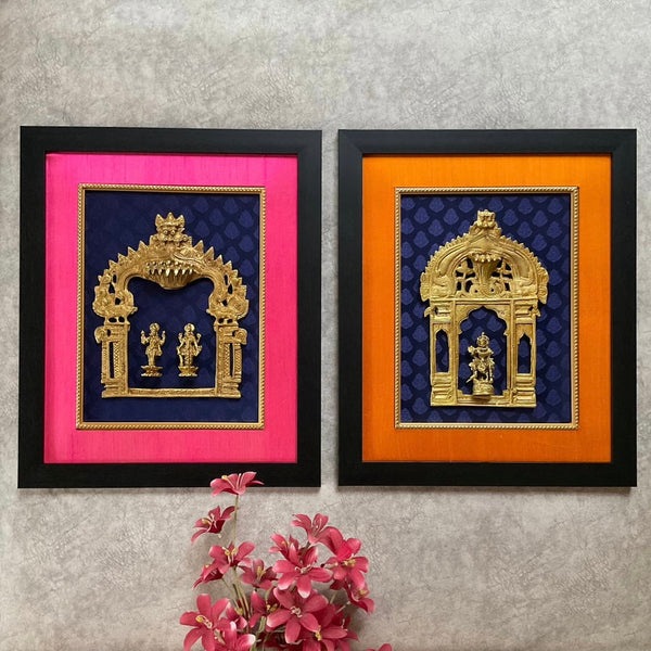 Framed Brass Prabhavali (Set of 2) - Vishnu Lakshmi ji & Lord Krishna - Ethnic Wall Decor - Crafts N Chisel - Indian Home Decor USA