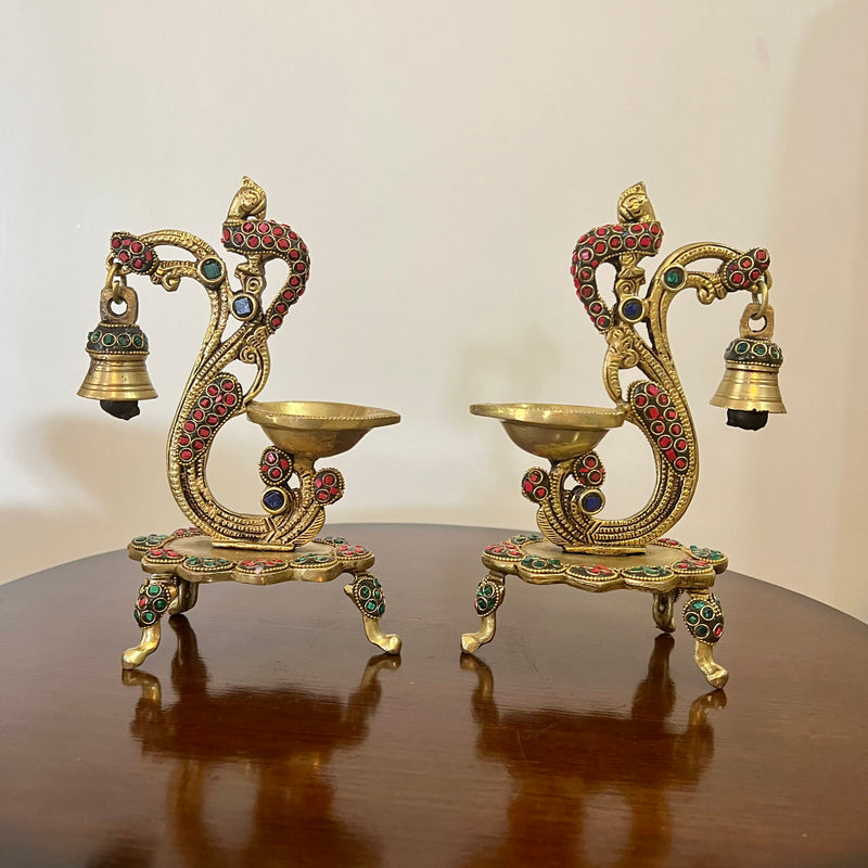 Peacock Diya With Bell (Set of 2) - Brass Stonework lamp - Crafts N Chisel - Indian Home Decor USA