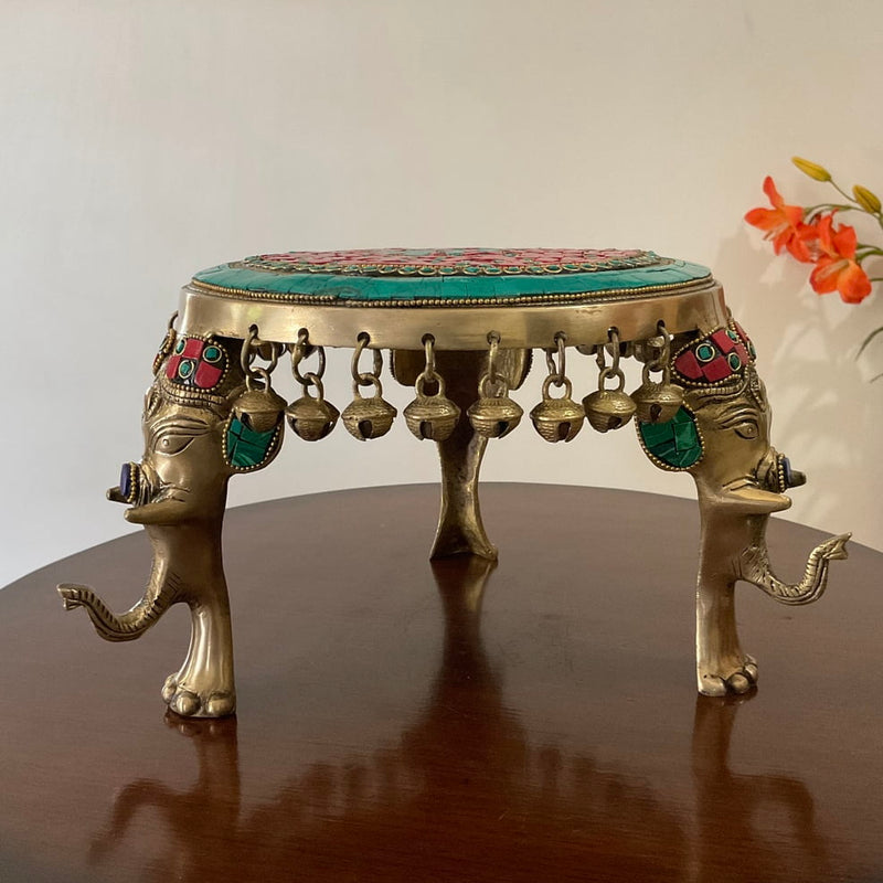 Elephant Brass Stonework Chowki With Bells For Idols And Pooja - Crafts N Chisel - Indian Home Decor USA