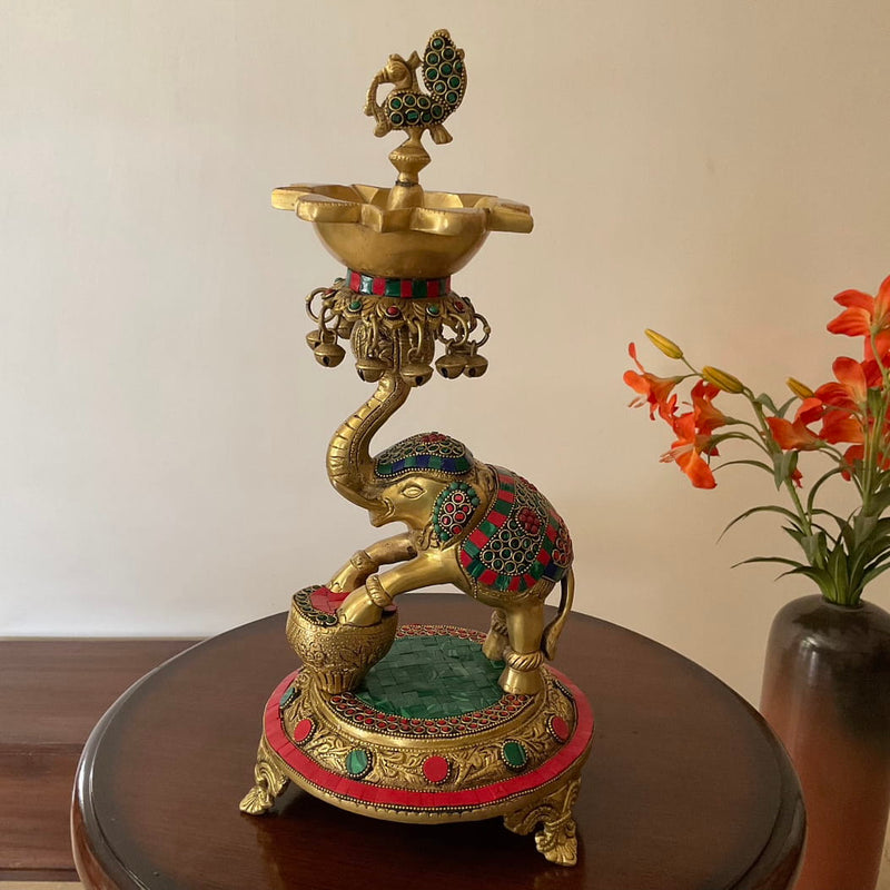 Elephant Brass Stonework Diya Lamp - Antique Finish - Temple Decor - Brass Diya For Pooja - Crafts N Chisel - Indian Home Decor USA