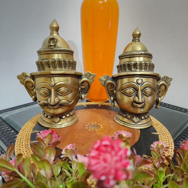Brass Mukhlingas (Set of 2) - Gauri Shankar Face - Hindu God Statue - Decorative Murti - Crafts N Chisel - Indian Home Decor USA