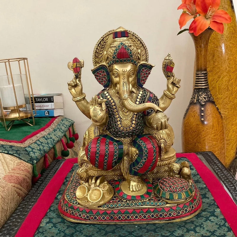 12.5 Inches Lord Ganesh Brass Idol With Stonework - Handcrafted Ganpati Decorative Statue for Home Decor - Housewarming Gift - Crafts N Chisel - Indian Home Decor USA