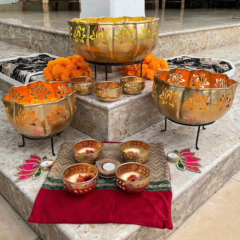 Metallic Lotus Urli Set - Festive Home Decor - Crafts N Chisel - Indian Home Decor USA