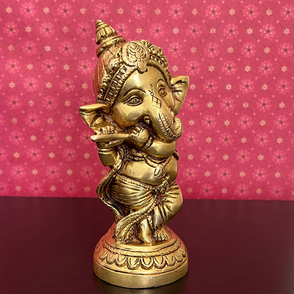 Flute Ganesh Brass Idol - Crafts N Chisel - Indian Home Decor USA