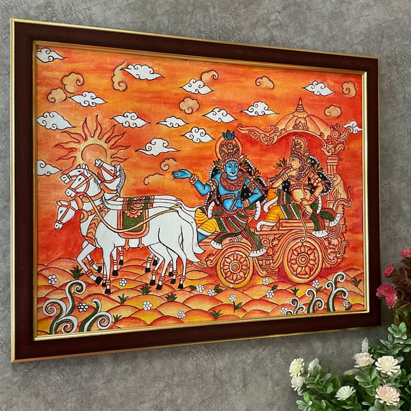 Krishna Arjun Rath Kerala Mural - Handpainted Wall Decor - Crafts N Chisel - Indian Home Decor USA