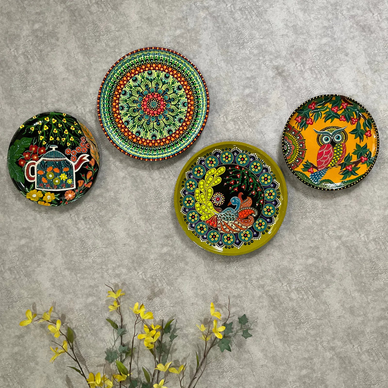 Tea Kettle, Mandala & Bird Colourful Handmade Dot Painting Wall Decor - Wall Plate Hanging - Set of 4 - Crafts N Chisel - Indian Home Decor USA