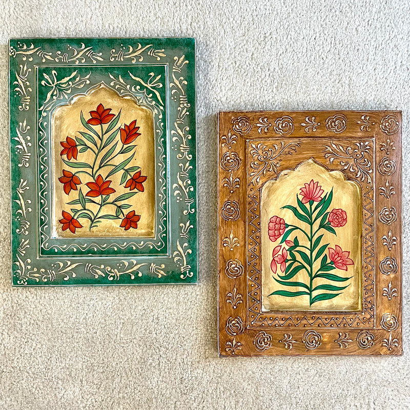 Colourful Flower Jharoka Wooden Wall Hanging (Set of 2) - Decorative Wall Decor for Living Room - Crafts N Chisel - Indian Home Decor USA