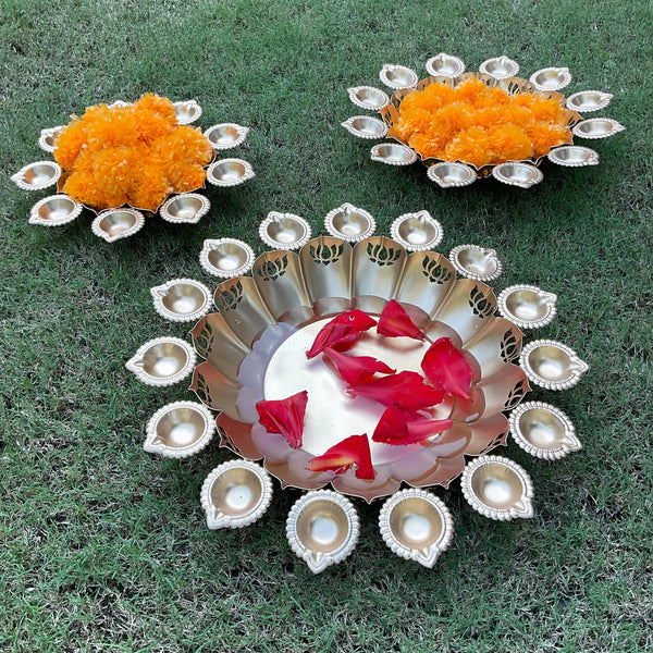 Metallic Urli With Tea Light (Set of 3) - Flower & Candle Festive Decor - Crafts N Chisel - Indian Home Decor USA
