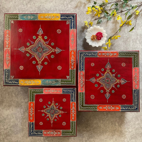 Red Design Square Wooden Chowki For Idols And Pooja (Set of 3) - Crafts N Chisel - Indian Home Decor USA