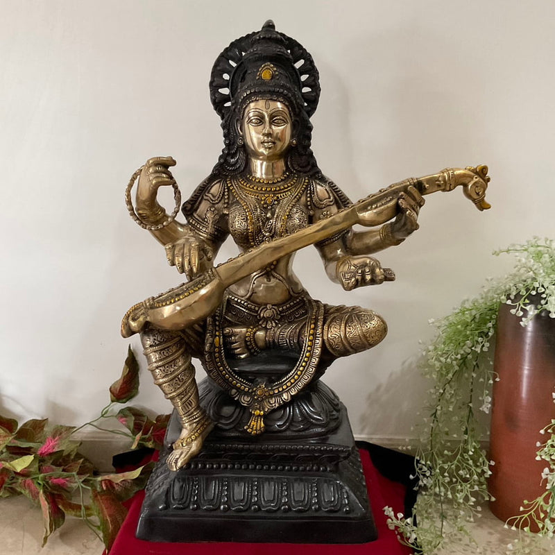 29 Inches Goddess Saraswati Brass Idol Statue Dual Finish - Crafts N Chisel - Indian Home Decor USA