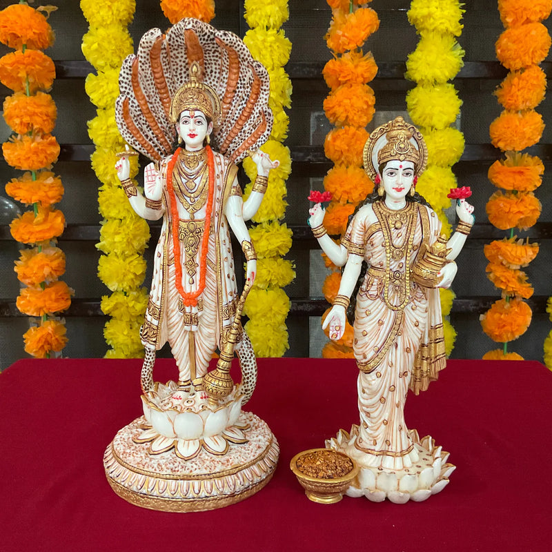 Lord Vishnu & Goddess Lakshmi Marble Dust and Resin Idol - Decorative Home Decor - Crafts N Chisel - Indian Home Decor USA