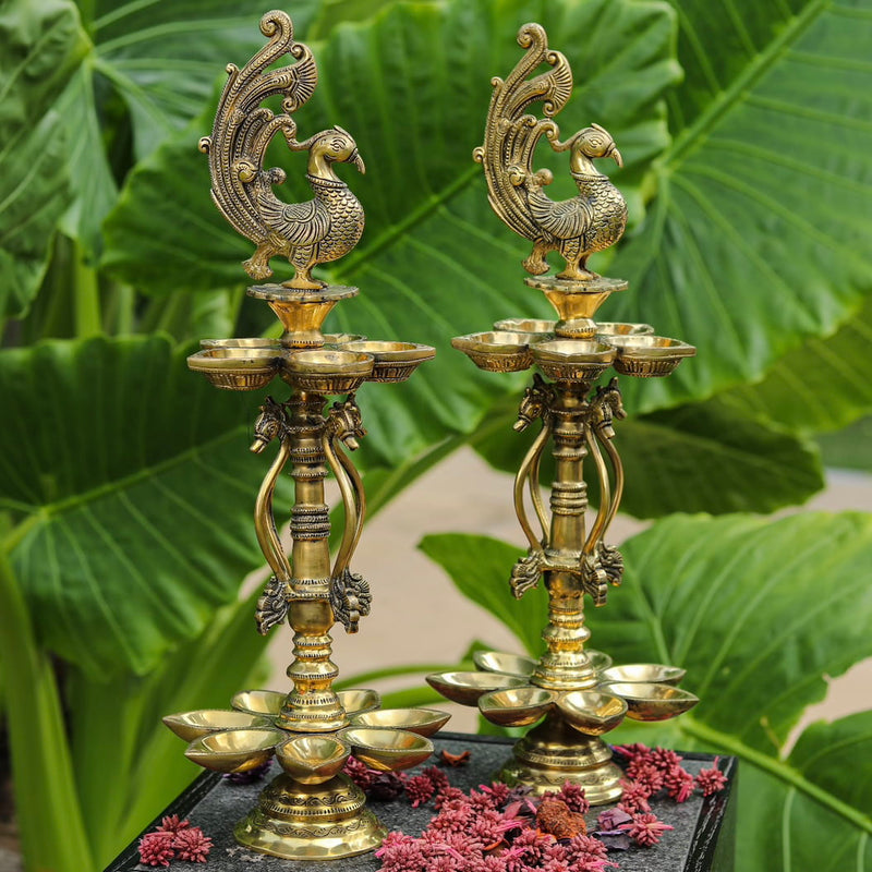 20 Inches Handmade Standing Brass Diya Lamp (Set of 2) - Antique finish - Crafts N Chisel - Indian Home Decor USA