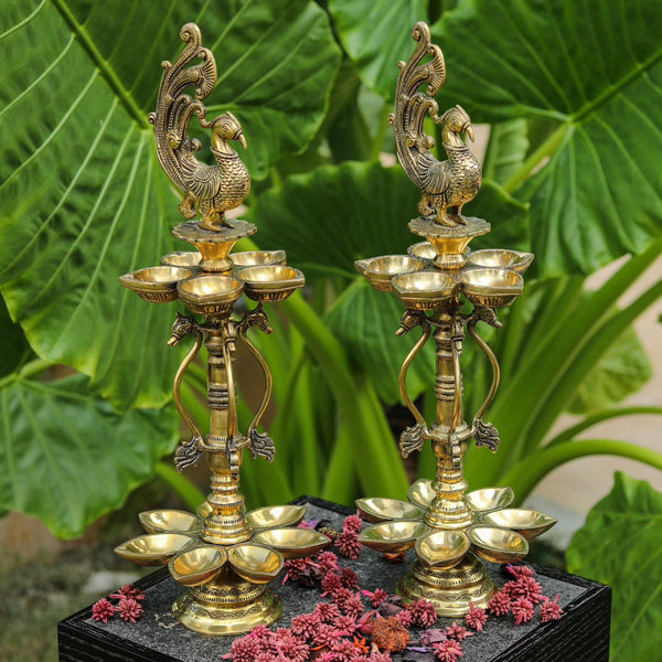20 Inches Handmade Standing Brass Diya Lamp (Set of 2) - Antique finish - Crafts N Chisel - Indian Home Decor USA