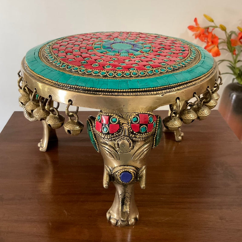 Elephant Brass Stonework Chowki With Bells For Idols And Pooja - Crafts N Chisel - Indian Home Decor USA