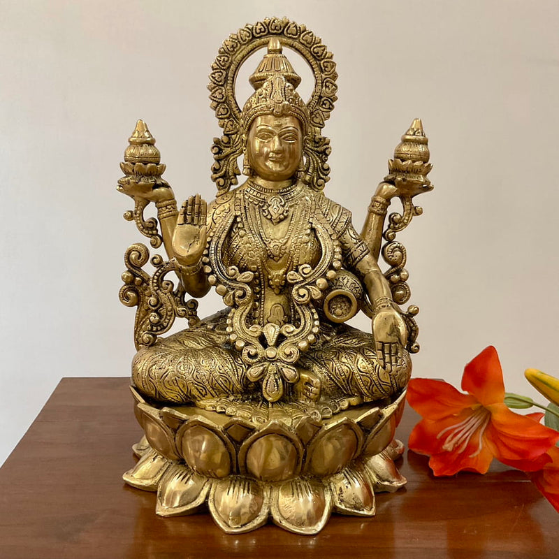 12 Inches Goddess Lakshmi Brass Idol, Pooja Statue - Crafts N Chisel - Indian Home Decor USA