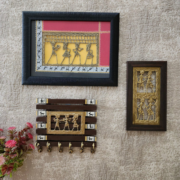 Dhokra Warli Wall Hanging & Key Holder (set of 3) - Wall Decor - Home Decor - Crafts N Chisel - Indian Home Decor USA