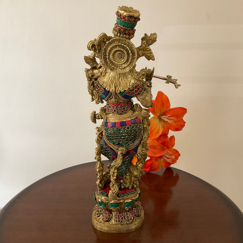 14 Inches Radha Krishna Idol Brass Stonework - Decorative Figurines For Home - Crafts N Chisel - Indian Home Decor USA
