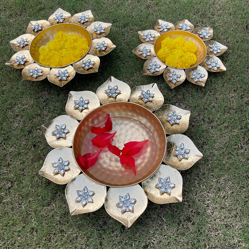 Metallic Lotus Urli With Stonework (Set of 3) - Flower & Candle Festive Decor - Crafts N Chisel - Indian Home Decor USA