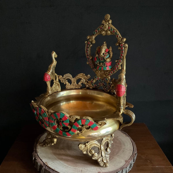 12 Inches Decorative Brass Stonework Urli With Lord Ganesha - Ganesha Urli Bowl For Home Decor - Crafts N Chisel - Indian Home Decor USA