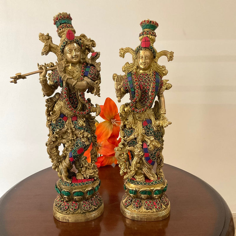 14 Inches Radha Krishna Idol Brass Stonework - Decorative Figurines For Home - Crafts N Chisel - Indian Home Decor USA