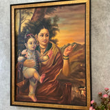 Yashoda Maiya With Balakrishna Handmade Oil Painting - Raja Ravi Varma Recreation - Wall Decor - Crafts N Chisel - Indian Home Decor USA