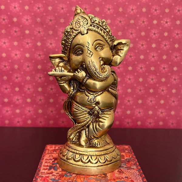 Flute Ganesh Brass Idol - Crafts N Chisel - Indian Home Decor USA