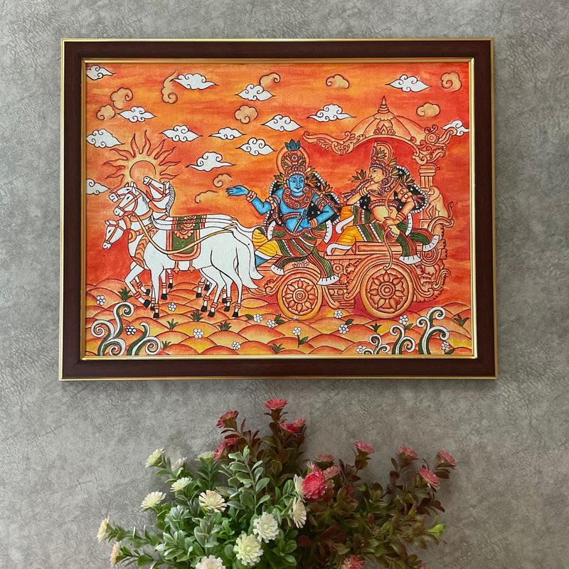 Krishna Arjun Rath Kerala Mural - Handpainted Wall Decor - Crafts N Chisel - Indian Home Decor USA