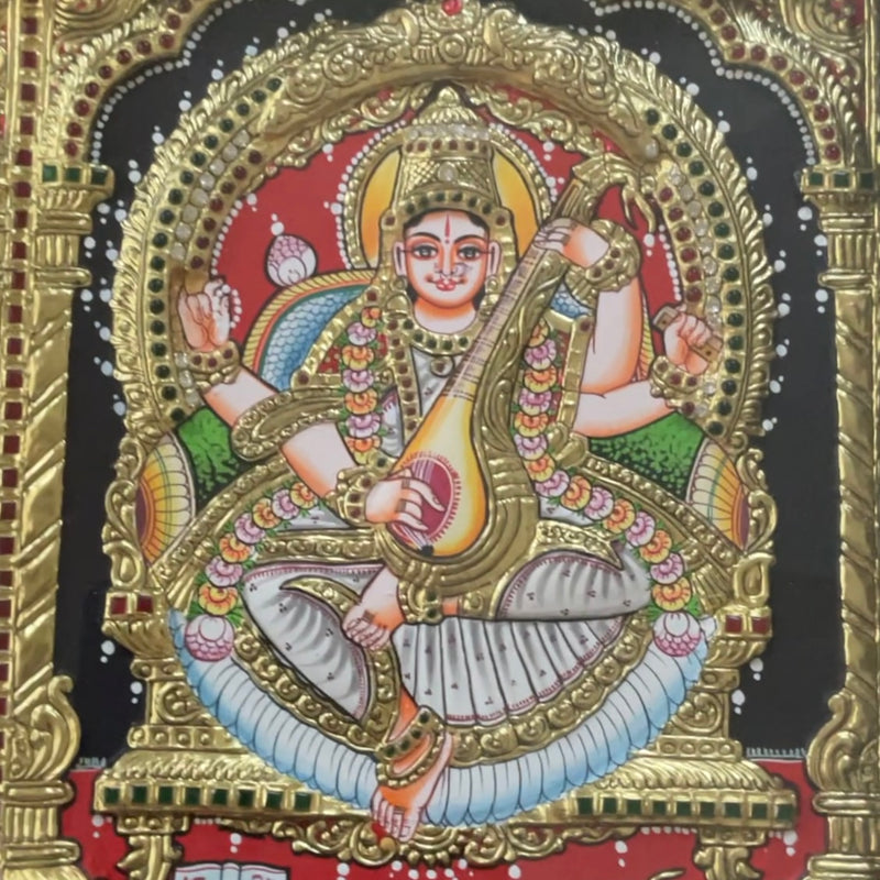 Laxmi Ganesha Saraswati Tanjore Painting - Traditional Wall Art - Crafts N Chisel - Indian Home Decor USA