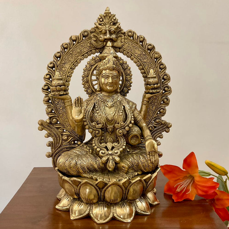 15 Inches Goddess Lakshmi Brass Idol - Goddess of Fortune, Wealth, Prosperity - Pooja Statue - Crafts N Chisel - Indian Home Decor USA