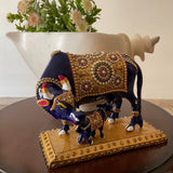 9 Inches Kamdhenu Cow and Calf Set Metallic Statue - Crafts N Chisel - Indian Home Decor USA