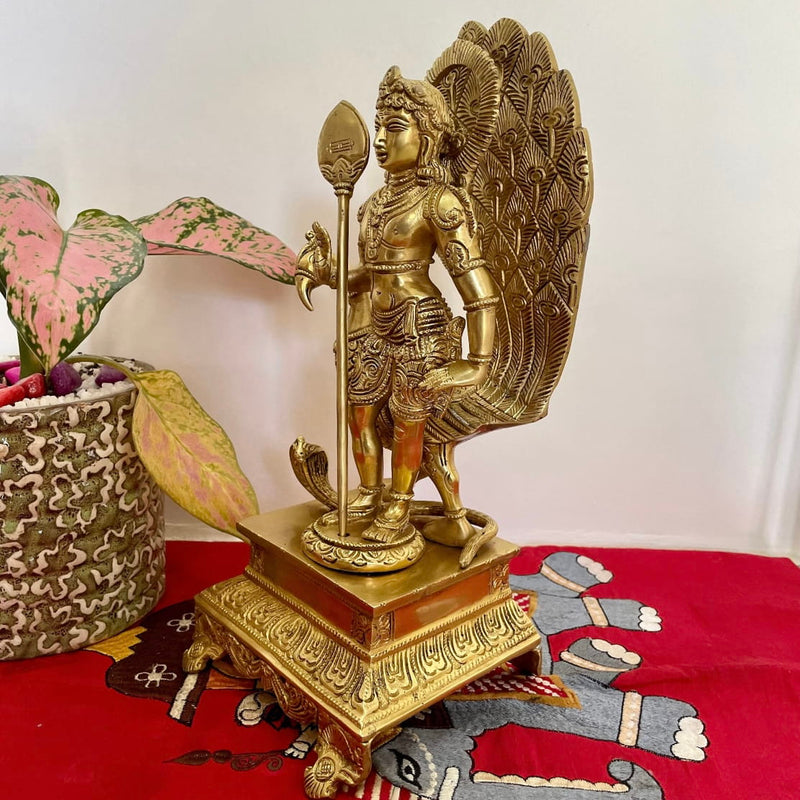 12 Inches Lord Murugan Swamy Kartikeya Brass Idol - Decorative Figurine - Crafts N Chisel - Indian Home Decor USA