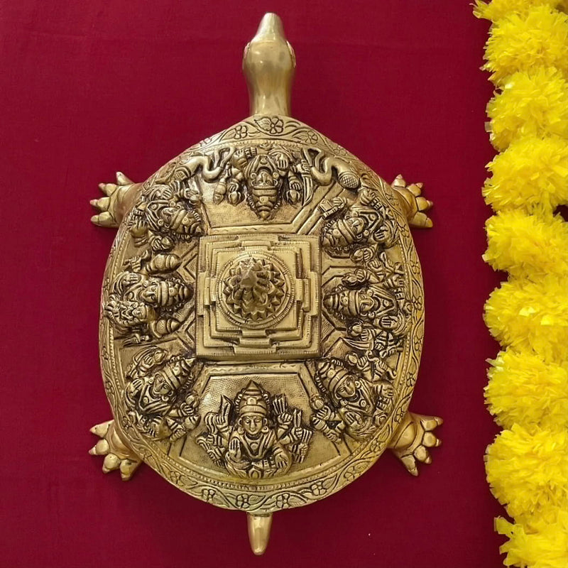 Tortoise With Ashtalakshmi & Shri Yantra Brass Idol - Decorative Figurine - Crafts N Chisel - Indian Home Decor USA