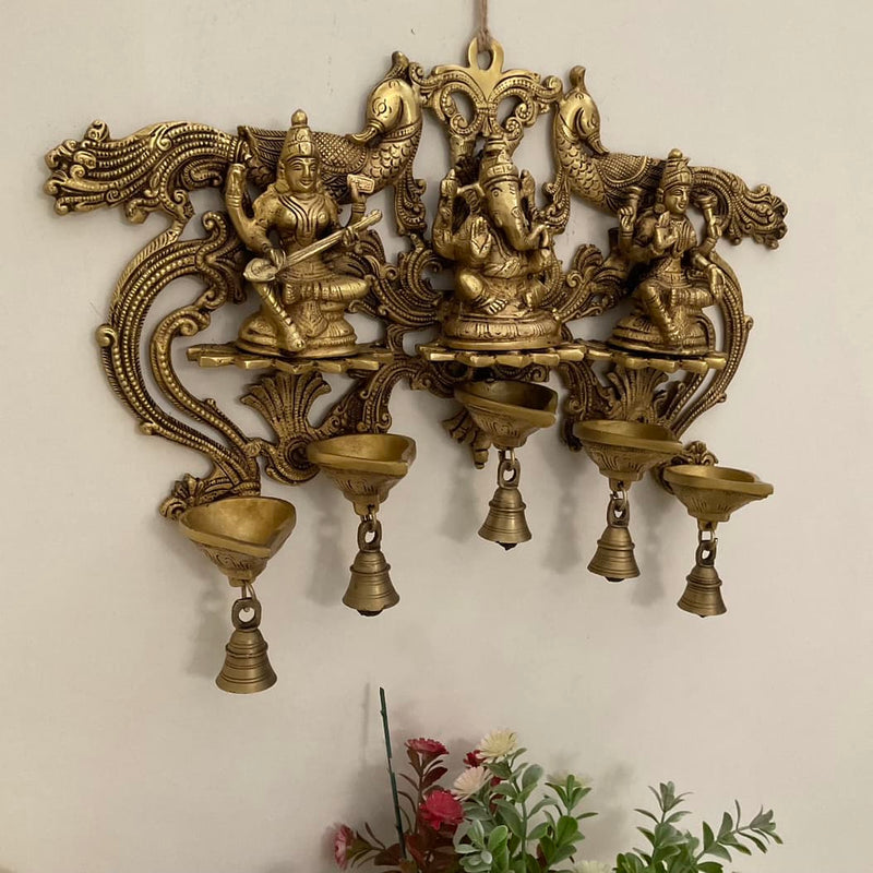 Lakshmi Ganesh Saraswati Hanging Diya & Bell - Brass Divine Wall Hanging - Festive Decor - Crafts N Chisel - Indian Home Decor USA