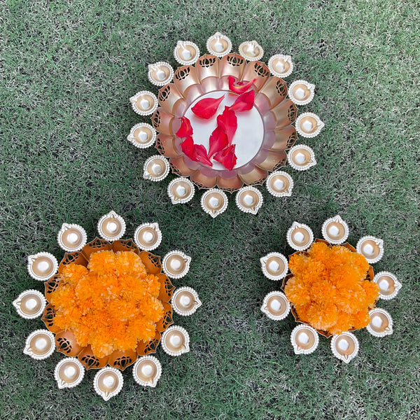 Metallic Urli With Tea Light (Set of 3) - Flower & Candle Festive Decor - Crafts N Chisel - Indian Home Decor USA