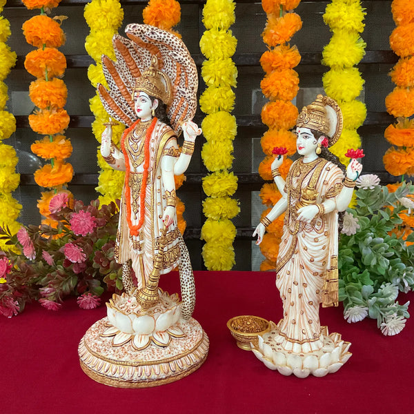 Lord Vishnu & Goddess Lakshmi Marble Dust and Resin Idol - Decorative Home Decor - Crafts N Chisel - Indian Home Decor USA