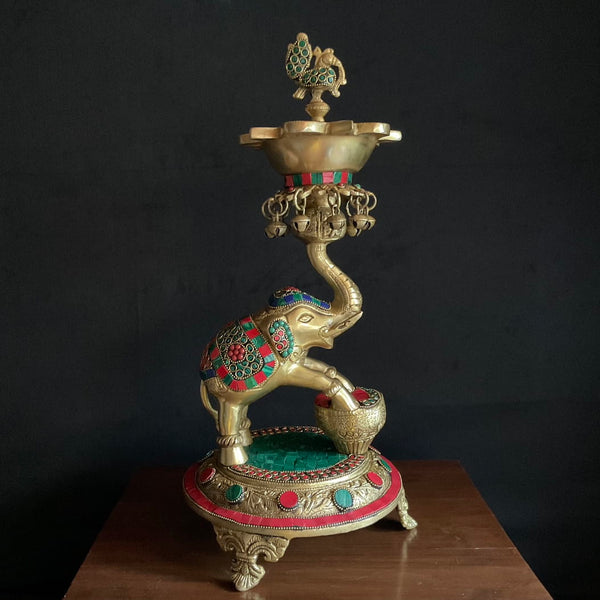 Elephant Brass Stonework Diya Lamp - Antique Finish - Temple Decor - Brass Diya For Pooja - Crafts N Chisel - Indian Home Decor USA