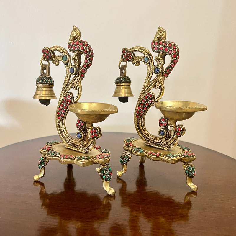 Peacock Diya With Bell (Set of 2) - Brass Stonework lamp - Crafts N Chisel - Indian Home Decor USA