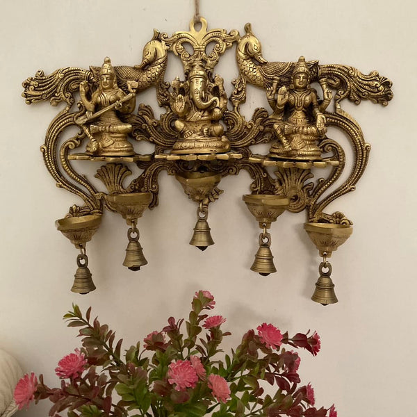 Lakshmi Ganesh Saraswati Hanging Diya & Bell - Brass Divine Wall Hanging - Festive Decor - Crafts N Chisel - Indian Home Decor USA