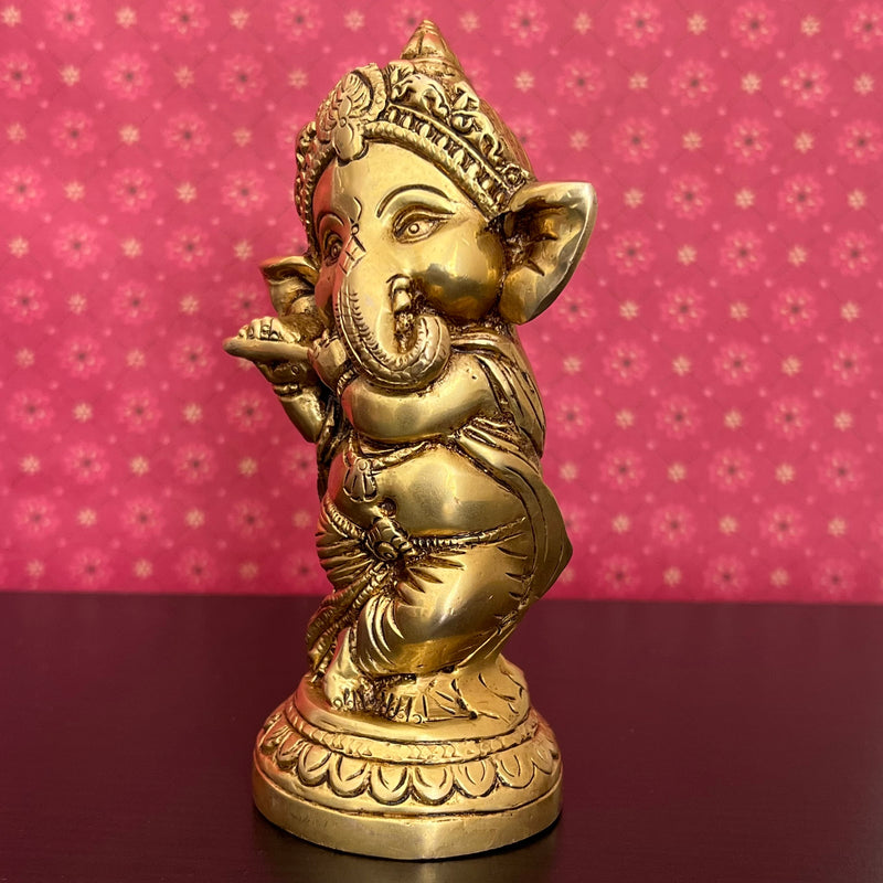 Flute & Dancing Baby Ganesh Brass Idol (Set of 2) - Crafts N Chisel - Indian Home Decor USA