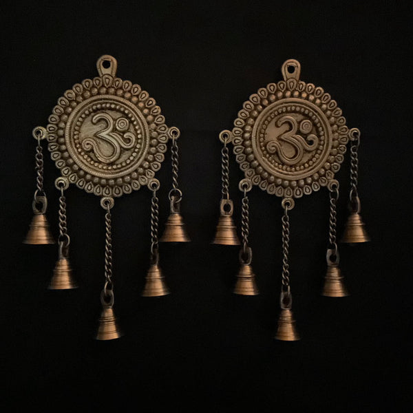 Om Hanging Bell (Set of 2) Brass Wall Decor - Crafts N Chisel - Indian Home Decor USA