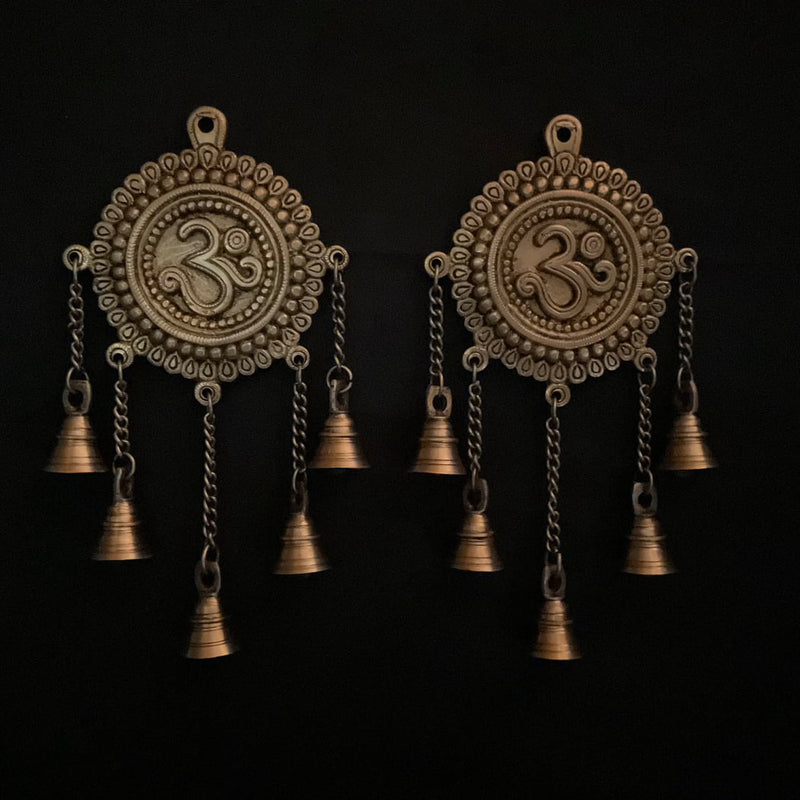 Om Hanging Bell (Set of 2) Brass Wall Decor - Crafts N Chisel - Indian Home Decor USA