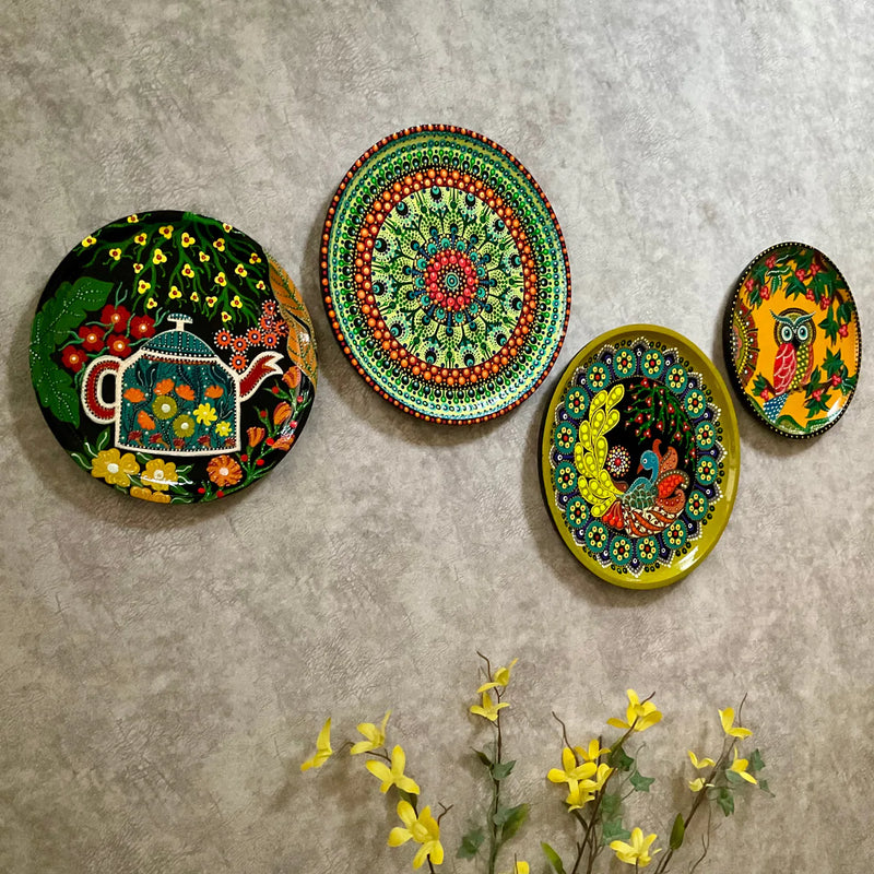 Tea Kettle, Mandala & Bird Colourful Handmade Dot Painting Wall Decor - Wall Plate Hanging - Set of 4 - Crafts N Chisel - Indian Home Decor USA