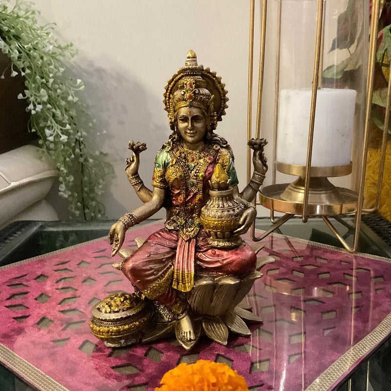 7 Inches Lakshmi Ganesha Metallic Copper Finish Marble Dust Idol - Crafts N Chisel - Indian Home Decor USA