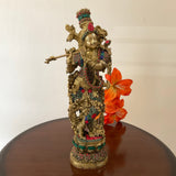 14 Inches Krishna Idol Brass Stonework - Decorative Figurines For Home - Crafts N Chisel - Indian Home Decor USA