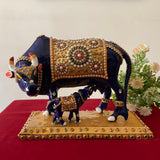 9 Inches Kamdhenu Cow and Calf Set Metallic Statue - Crafts N Chisel - Indian Home Decor USA