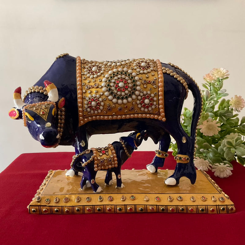9 Inches Kamdhenu Cow and Calf Set Metallic Statue - Crafts N Chisel - Indian Home Decor USA