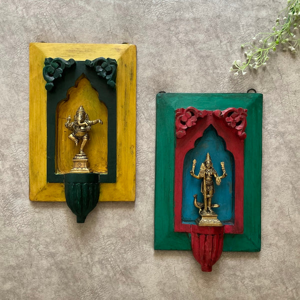 Distressed Wooden Double Green & Yellow Frame & Handcrafted Dancing Ganesha & Murugan Wall Hanging (Set of 4) - Decorative Wall decor - Crafts N Chisel - Indian Home Decor USA