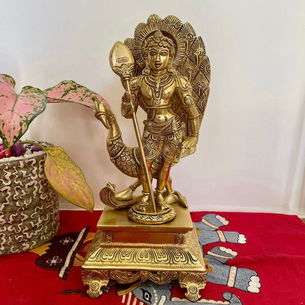 12 Inches Lord Murugan Swamy Kartikeya Brass Idol - Decorative Figurine - Crafts N Chisel - Indian Home Decor USA