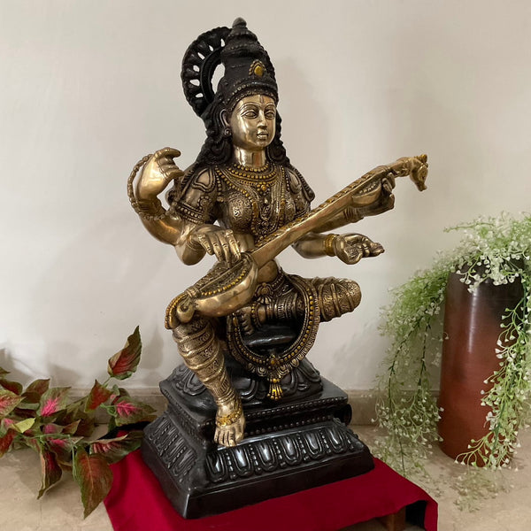 29 Inches Goddess Saraswati Brass Idol Statue Dual Finish - Crafts N Chisel - Indian Home Decor USA