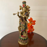 14 Inches Krishna Idol Brass Stonework - Decorative Figurines For Home - Crafts N Chisel - Indian Home Decor USA